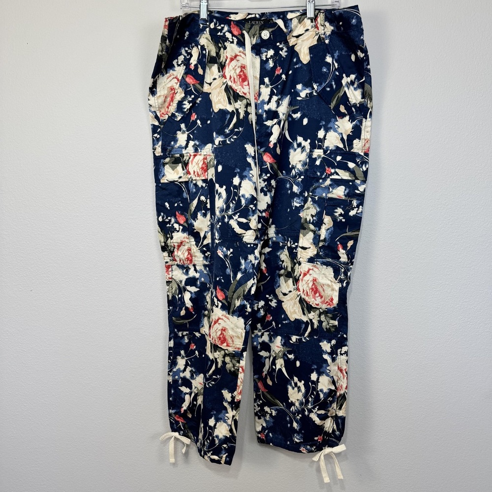 Lauren Ralph‎ Lauren Pants Women's 14 Blue Floral Cargo Drawstring Hem Pockets